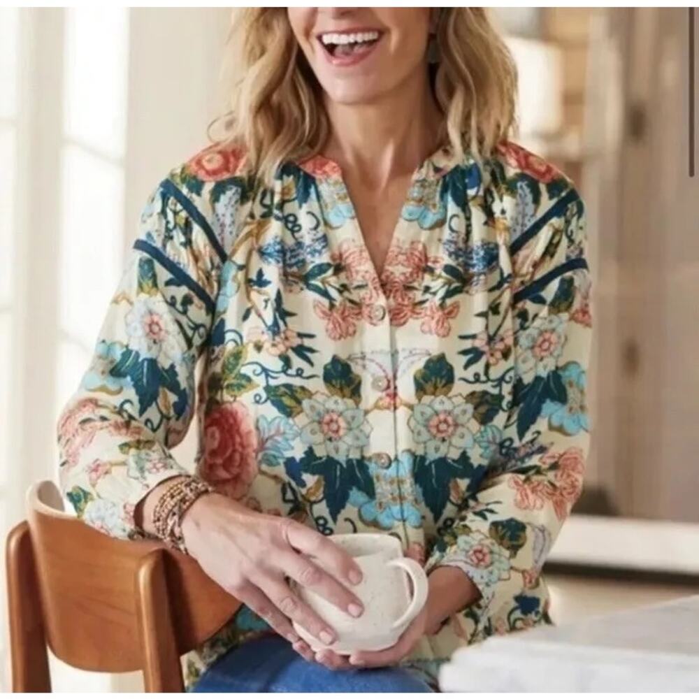 Soft Surroundings Bisonette Gauze Shirt Floral Cotton Button Down M